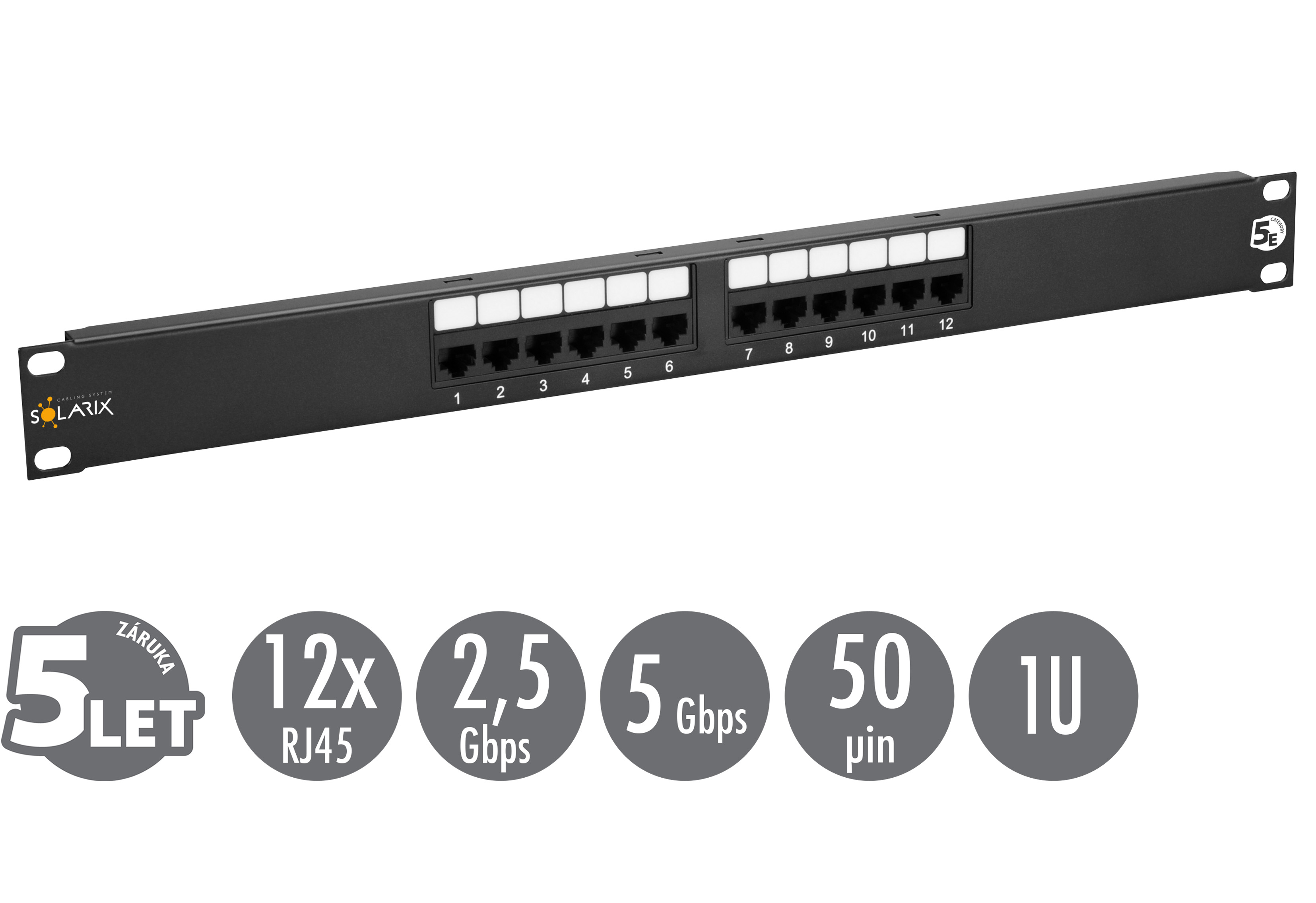 Solarix 19  Patch panel 12 x RJ45 CAT5E UTP 150 MHz černý 1U, SX12-5E-UTP-BK