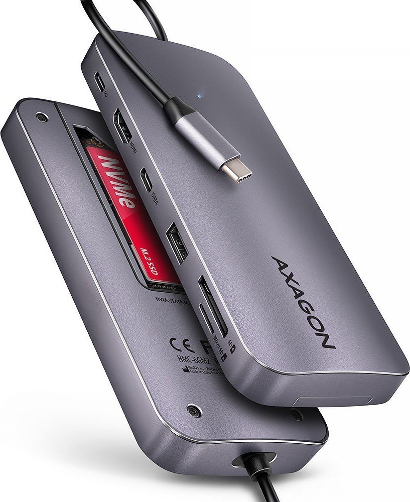 AXAGON HMC-6GM2, USB 10Gbps hub, USB-A, USB-C,  HDMI, M.2 slot, SD/MicroSD, PD 100W, kabel USB-C 20cm