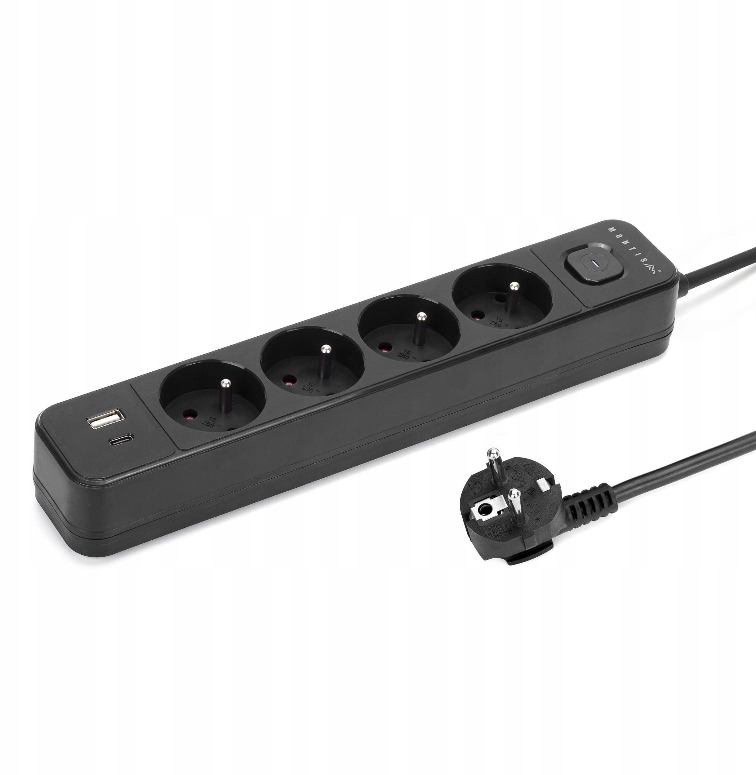 Montis Černý prodlužovací kabel se 4 zásuvkami a USB 3m MT186-BK-3