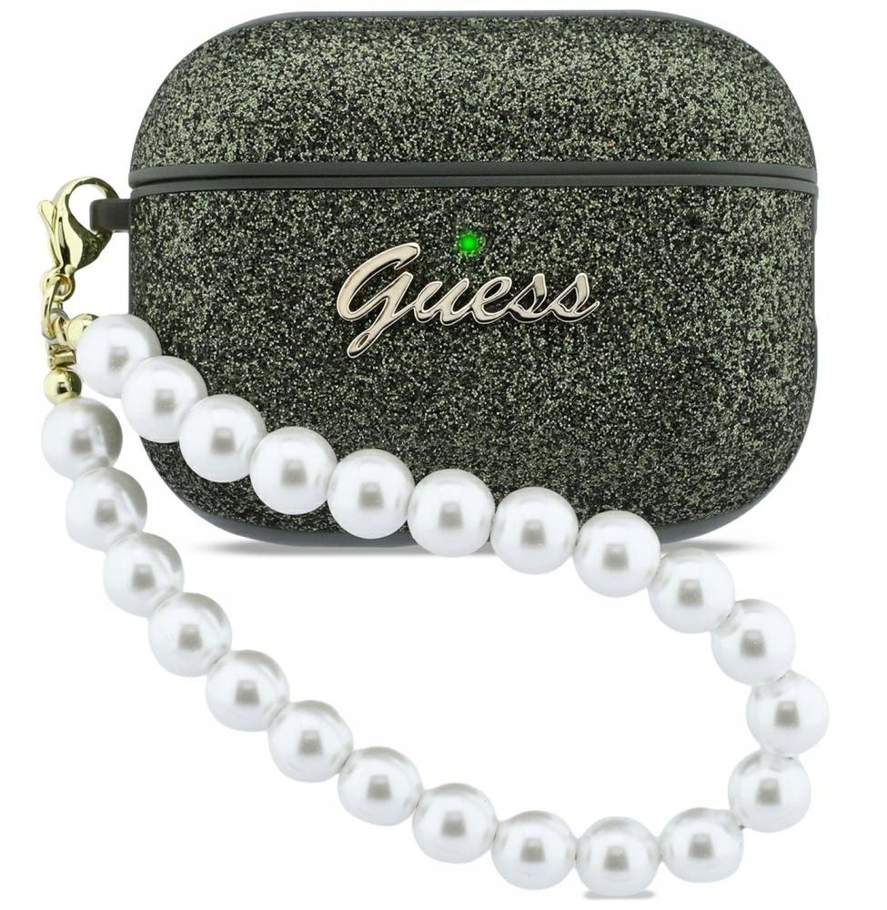 Guess Pouzdro Glitter Pearl Strap pro Apple AirPods Pro 3 v khaki barvě