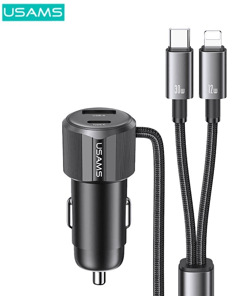 Usams Nabíječka Nabíječka do auta USAMS YT Series CC287 66W 1xUSB-A 1xUSB-C + 2v1 USB-C/Lightning kabel, matná