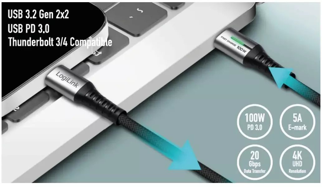 LogiLink Kabel USB 3.2 Gen2x2 Type-C, C/M na C/M, LED, 1m, s konektorem