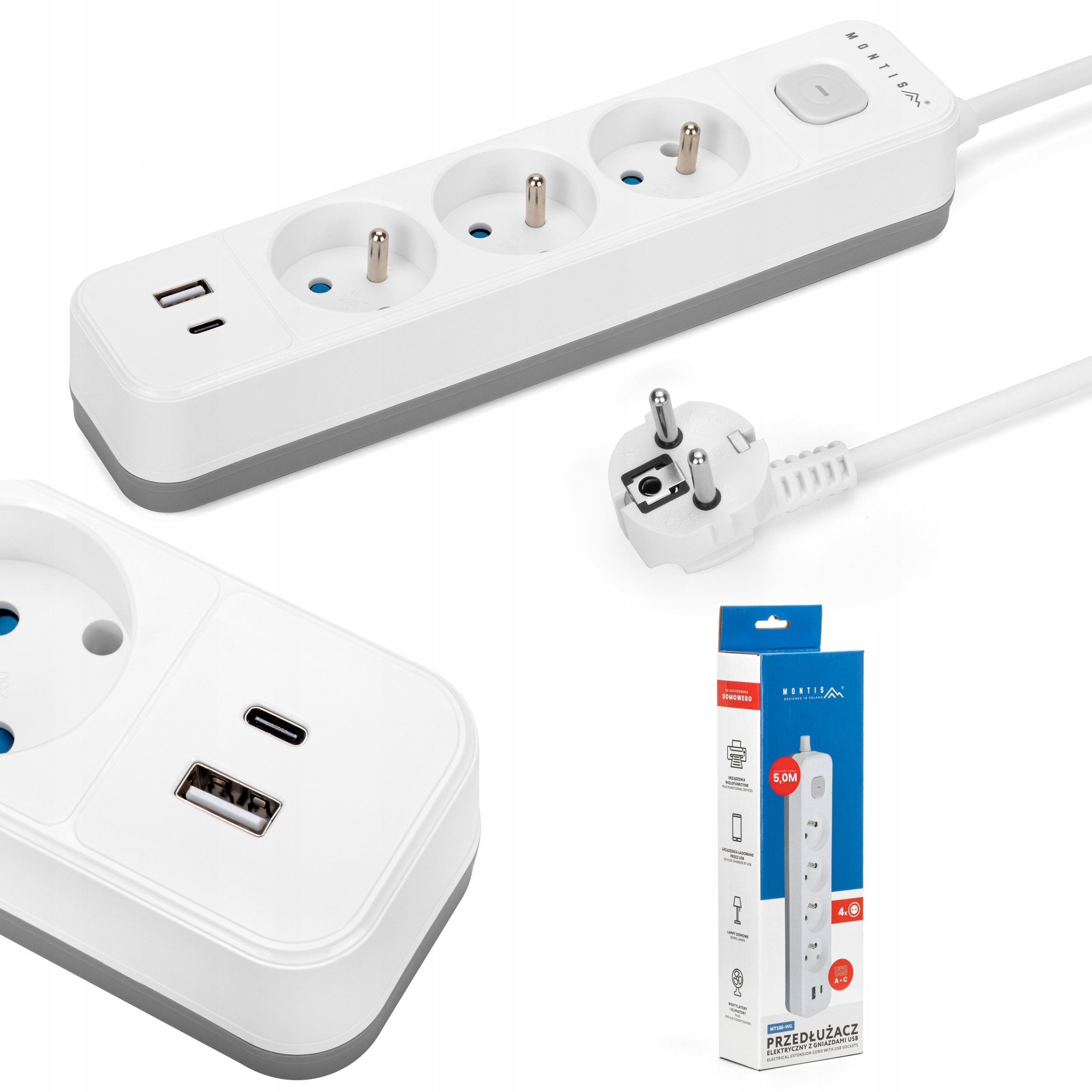 Montis 3zásuvkový bílošedý elektrický prodlužovací kabel s USB 1,5 m MT185-WG-1.5