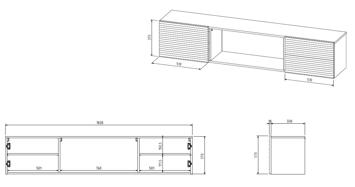 Cama RTV skříň TULA 183x35x37 bílá matná + černý krb