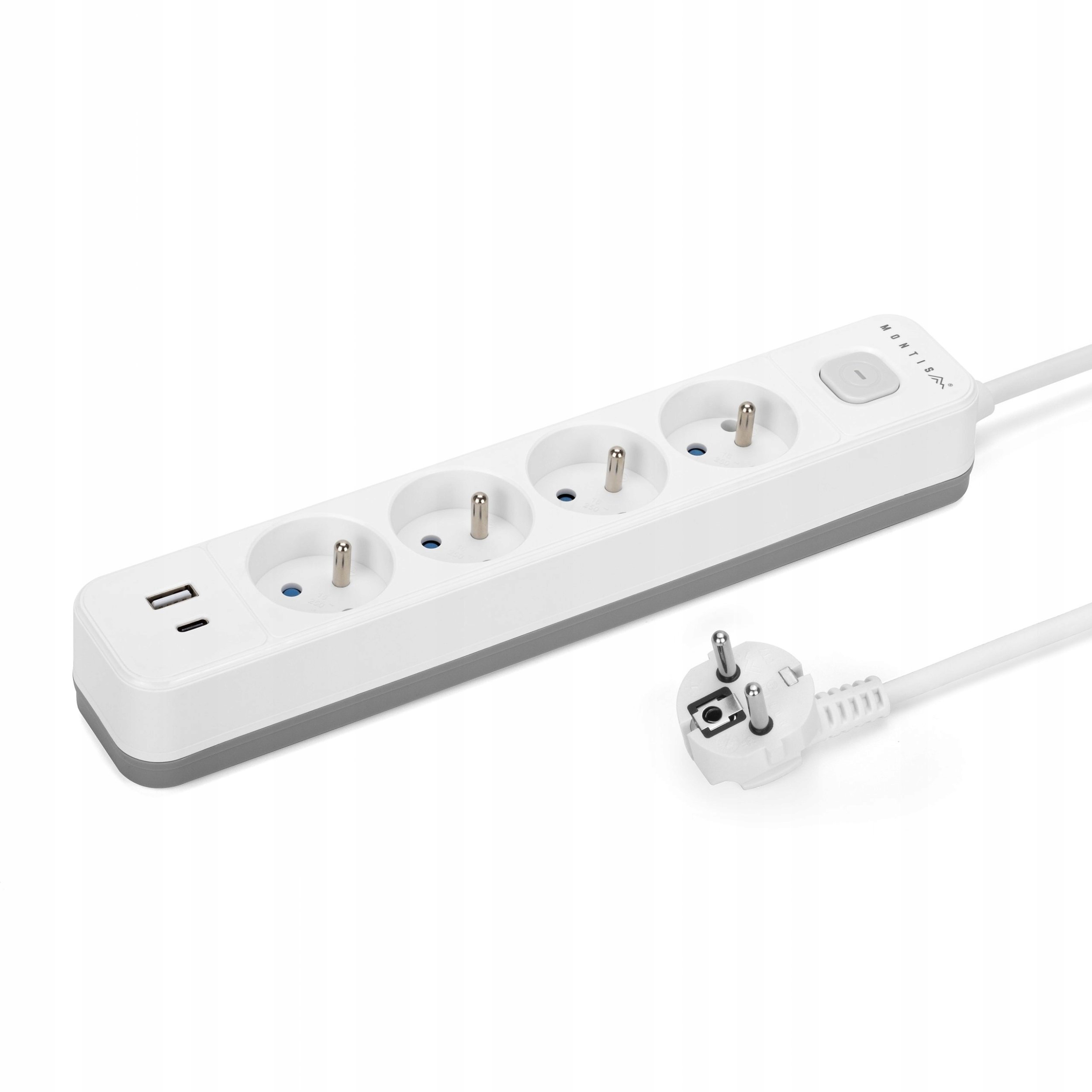 Montis MT186-WG-3 bílo-šedý prodlužovací kabel se 4 zásuvkami a USB, 3 m