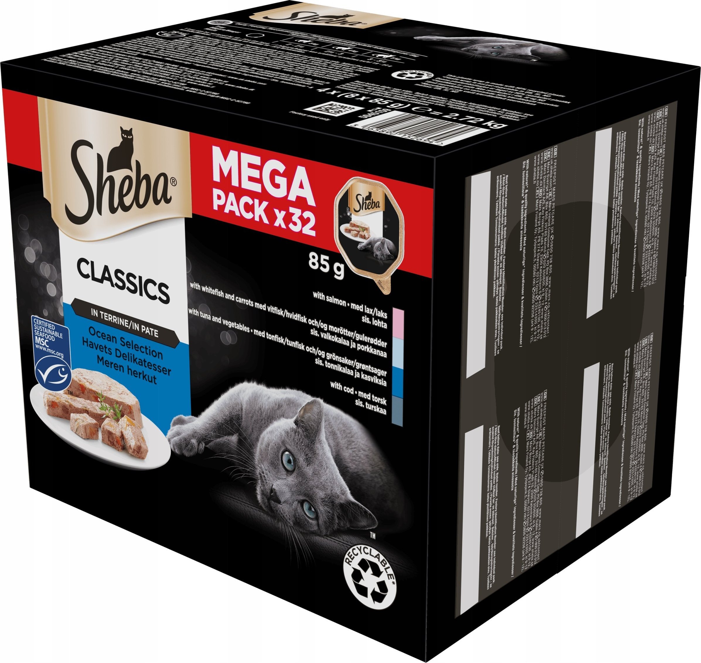 SHEBA Zásobník paštiky White Fish/Fish/Salmon/Tuna - vlhké krmivo pro kočky - 32x85 g