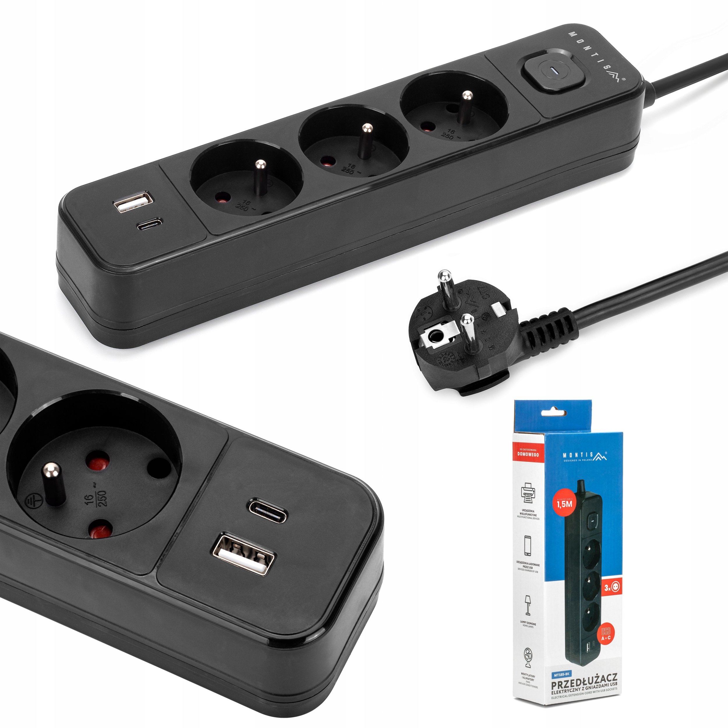 Montis Černý prodlužovací kabel se 3 zásuvkami a USB 5m MT185-BK-5