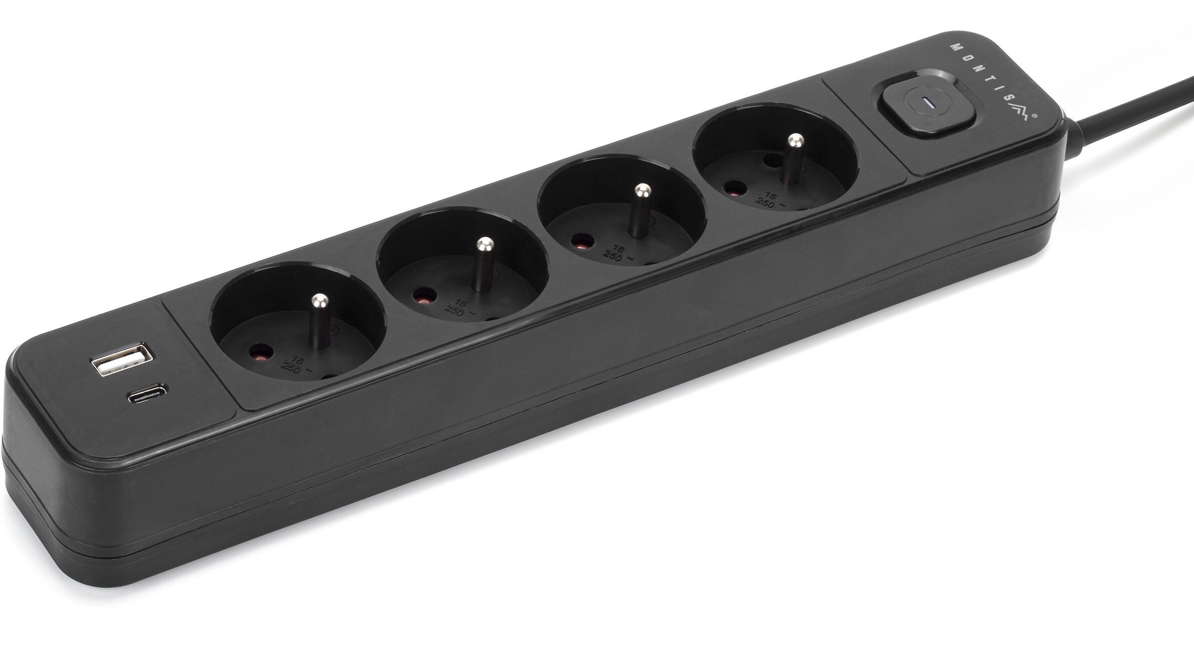 Montis Černý prodlužovací kabel se 4 zásuvkami a USB 5m MT186-BK-5