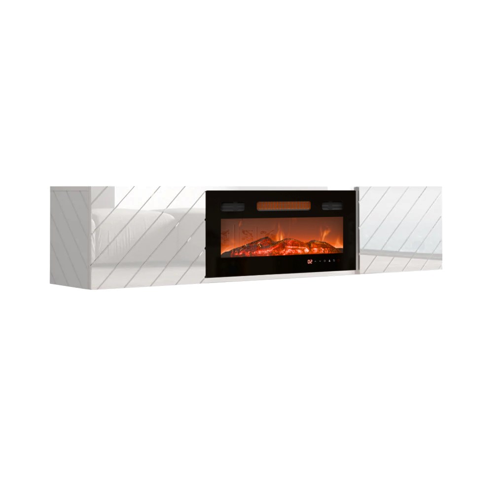 Skříň RTV LUXE 182,6x34,5x37,5 bílá/lesklá bílá + černý krb