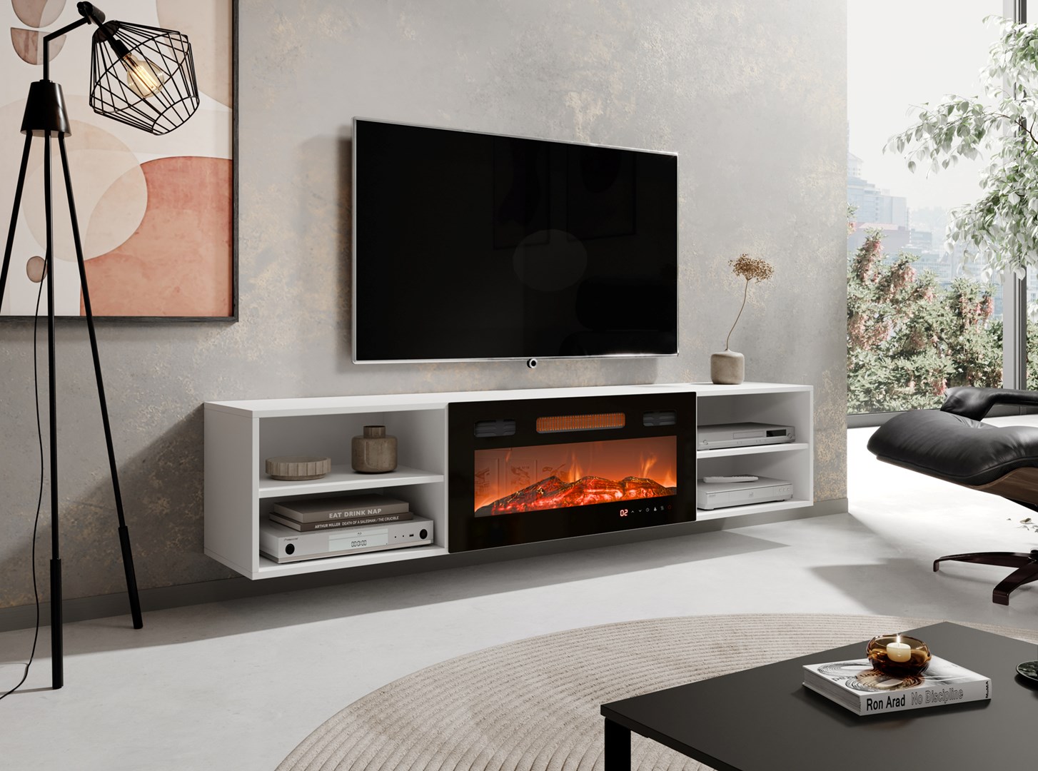 RTV skříň POLO 180x33x39 bílá + krb černá