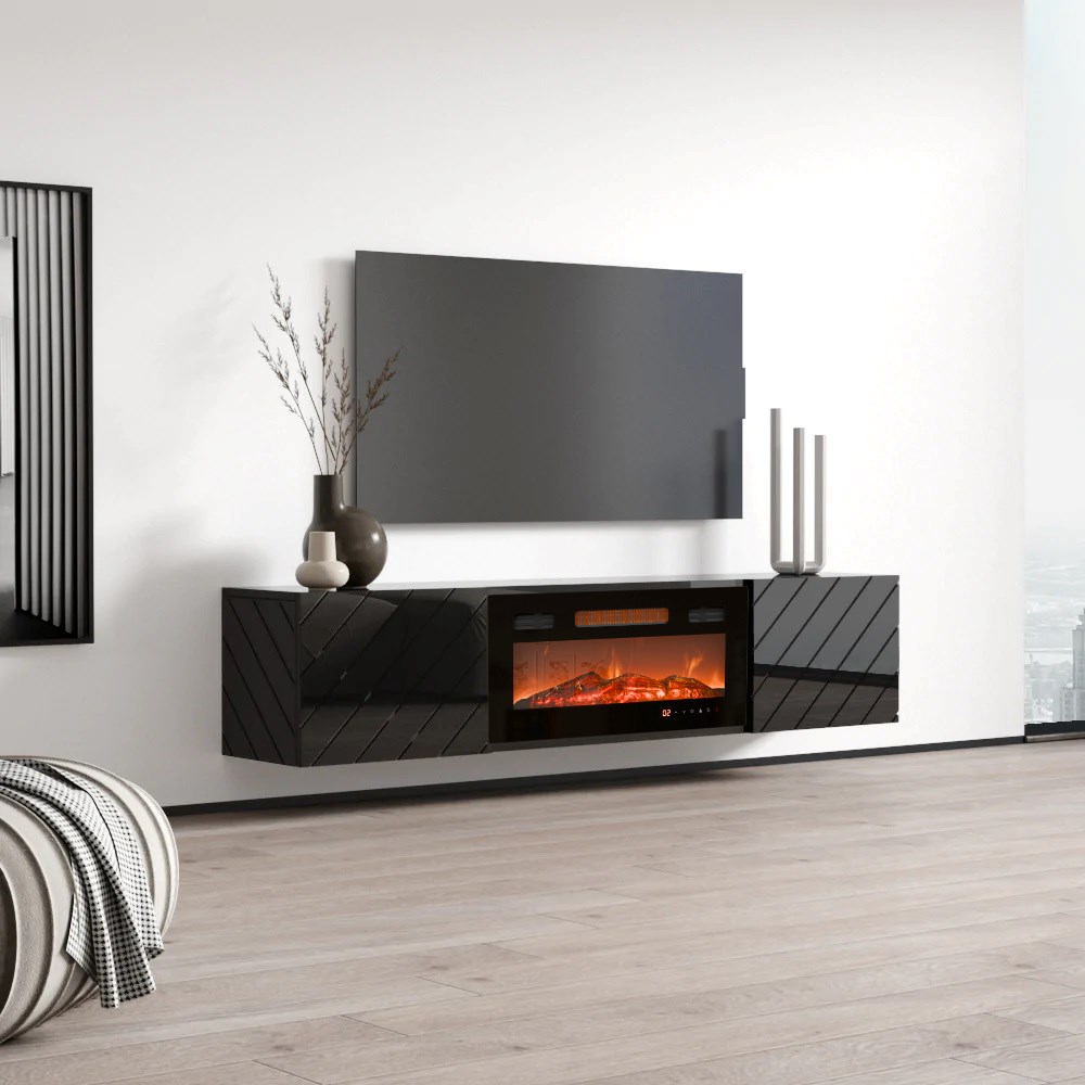 Skříň RTV LUXE 182,6x34,5x37,5 černá/černý lesk + černý krb