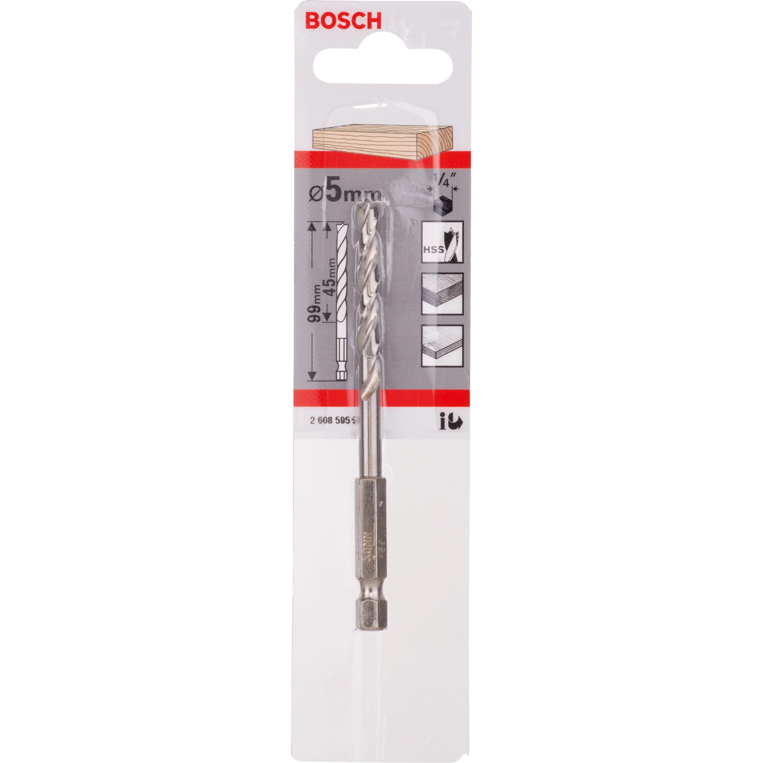 Spirálový vrták do dřeva Bosch 1/4 palce s šestihrannou stopkou O 5 mm x 99 mm