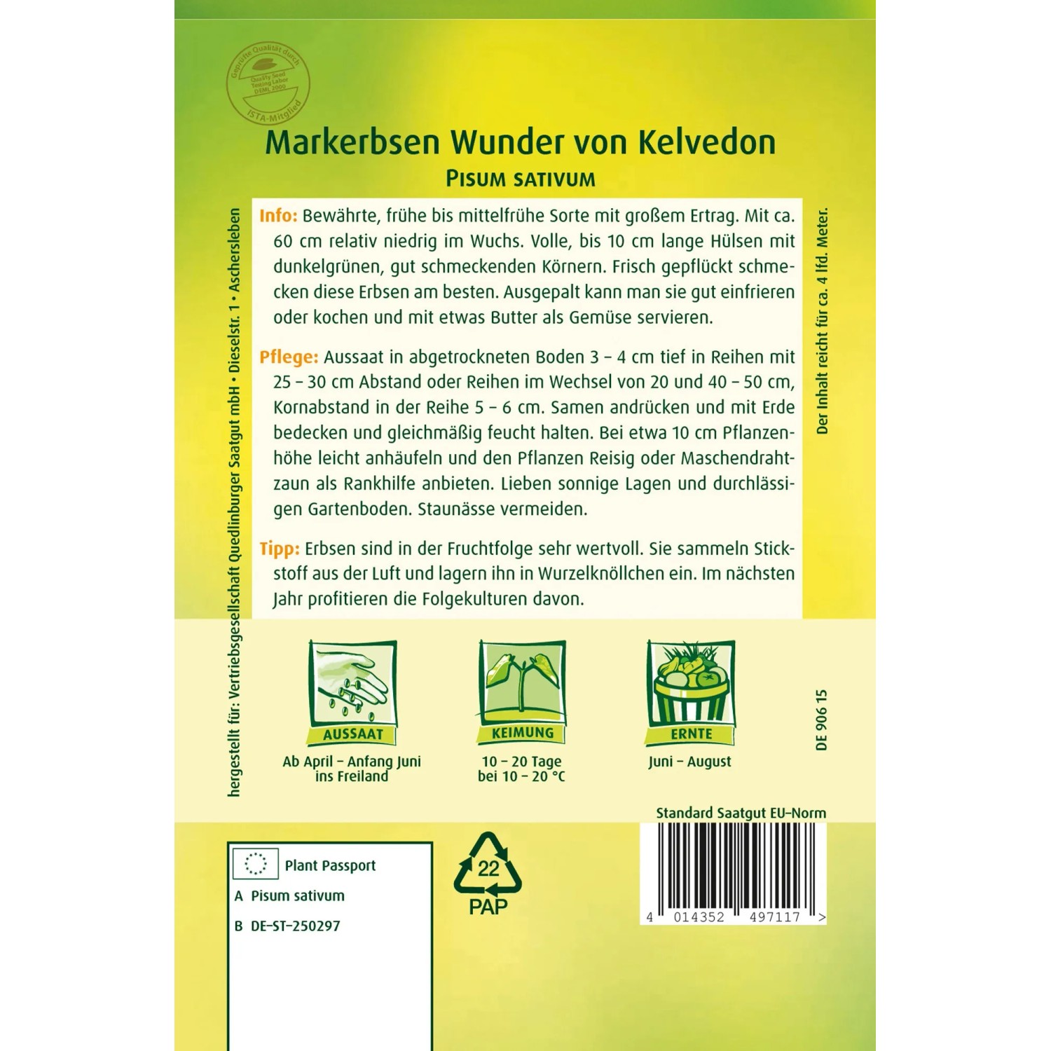 Quedlinburský zahradní hrášek  Kelvedon Wonder