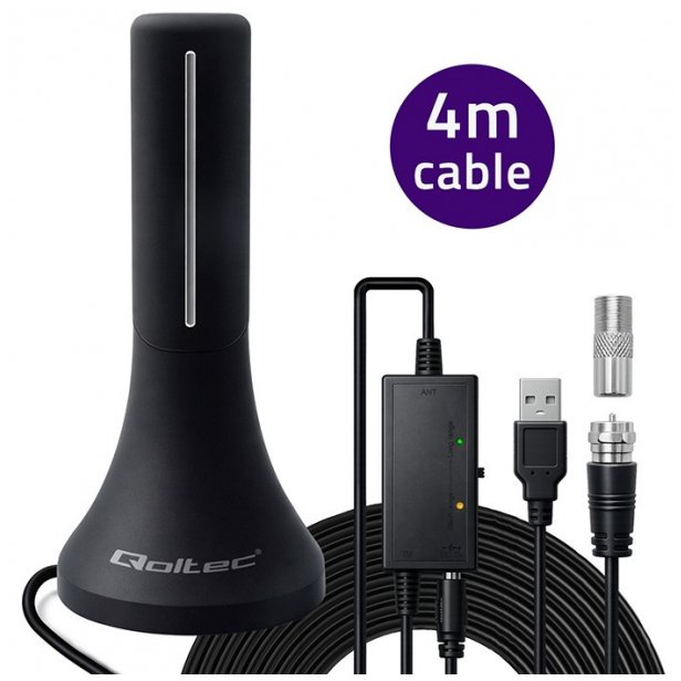 Qoltec Vnitřní DVB-T/T2 anténa | zesilovač signálu | 4K | vysoký zisk 32dBi | 4m kabel