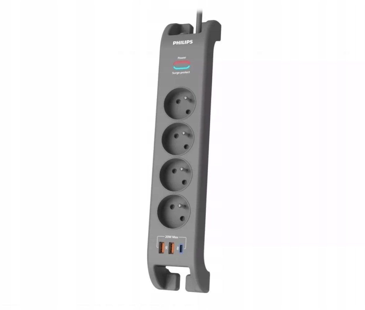 Philips Přepěťová ochrana 2m, 4 zásuvky, 1xUSB-C, 2xUSB-A, PD 20W / QC 18W, přepěťová ochrana 2400 J