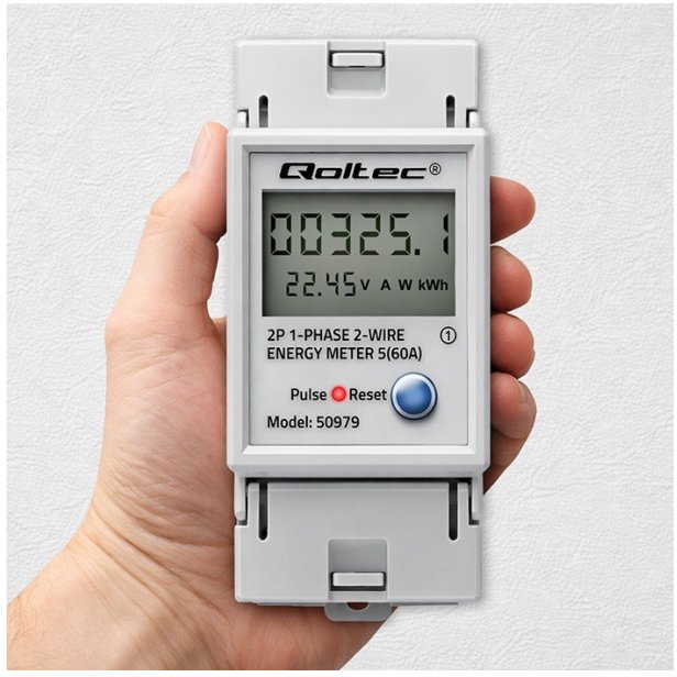 Qoltec Jednofázový elektronický měřič spotřeby energie na DIN lištu | RESET | periodický a trvalý měřič | 230V | 60A | LCD | LED | 2P
