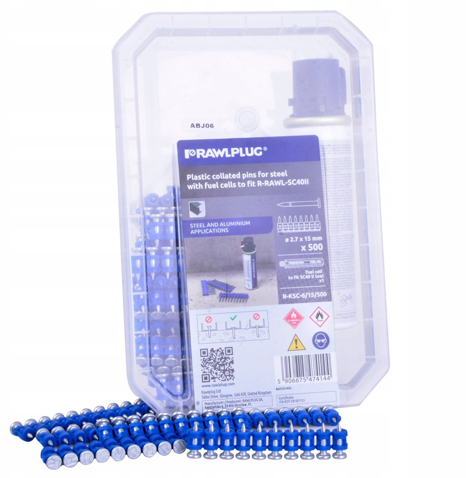 Rawlplug Hřebíky na plast, na tvrdý beton a ocel pro hřebíkovačku SC40, 17 mm, tvrdost 57-60 HRC, 500 ks + 1 plyn - 0,5 oz