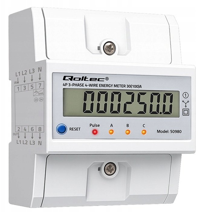 Qoltec Třífázový elektronický elektroměr s resetem | Elektroměr na DIN lištu | 400V | 100A | LCD | LED | 4P