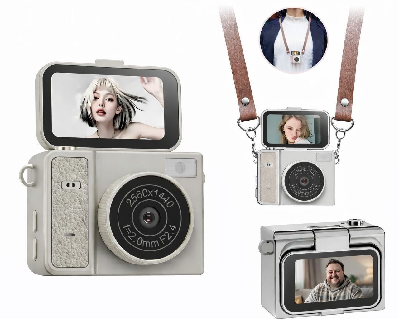 Xrec Mini Camera Retro Video 2k Digitální Fotoaparát Přívěsek Klíčenka Otočný Obrazovka / Xrec X7 / Béžová