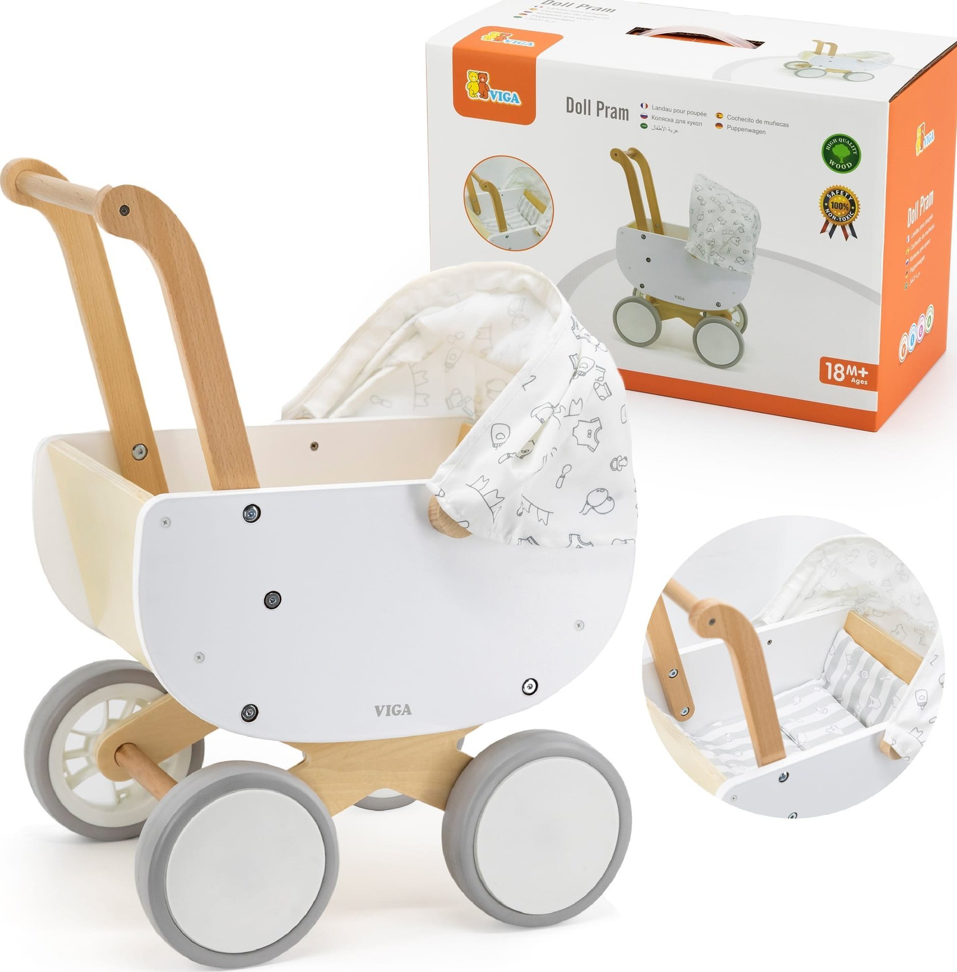 Viga Toys VIGA Dřevěný kočárek pro panenky s gondolou