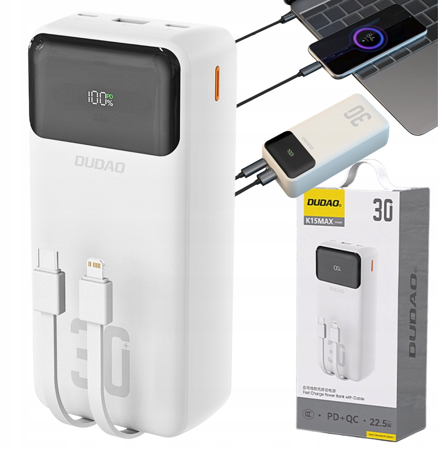 Dudao Powerbanka K15Max 30000mAh PD 22,5W s kabely USB-C a Lightning - bílá