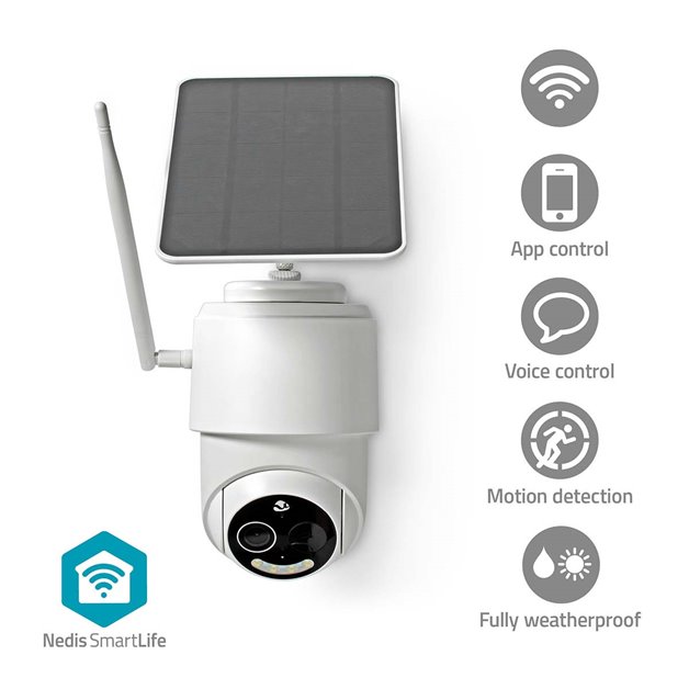 NEDIS IP kamera dobíjecí/ venkovní/ IP65/ Wi-Fi/ 1080p/ PIR senzor/ USB-C/ microSD/ noční vidění/ Android/ iOS/ bílá