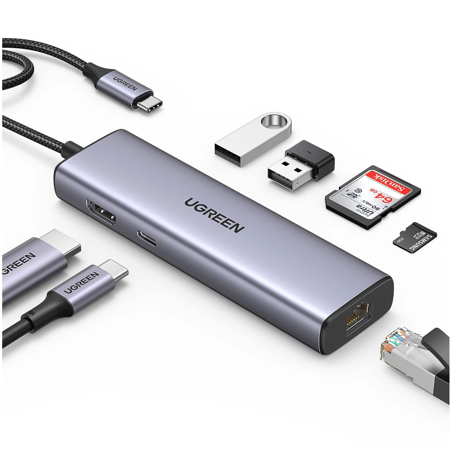 UGREEN USB-C to 2*USB3.0+HDMI+RJ 45+SD&TF +PD port Hub