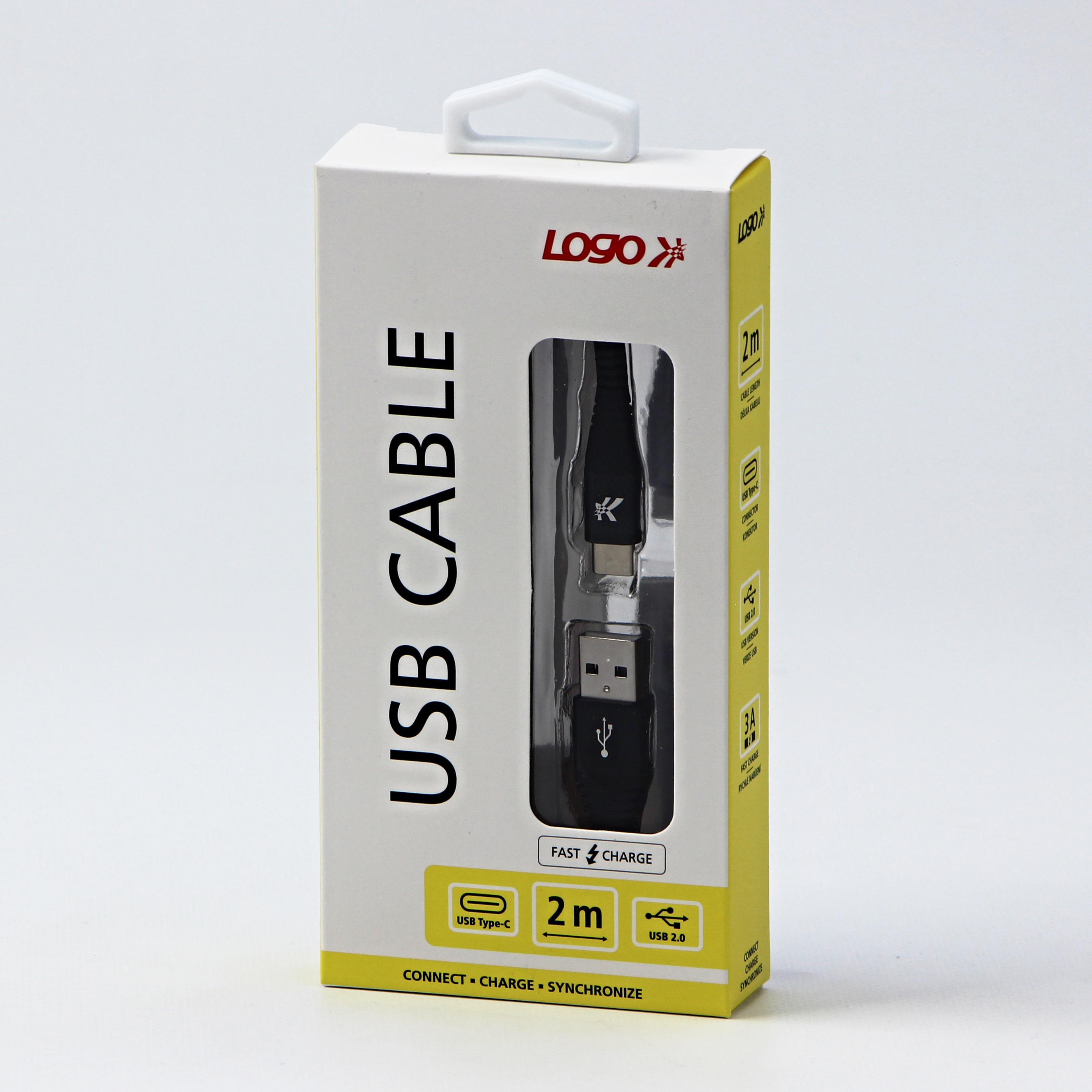 USB kábel Logo USB kábel (2.0), USB A M-USB CM, 2m, 480Mbps, 5V/3A, čierny, Logo, krabica, nylonové opletenie, hliníkový kryt konektora