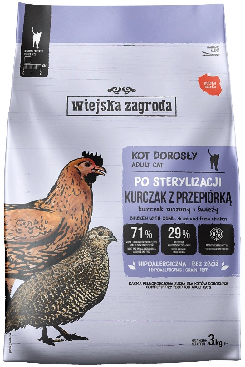 WIEJSKA ZAGRODA Sterilised Chicken with quail - suché krmivo pro kočky - 3kg