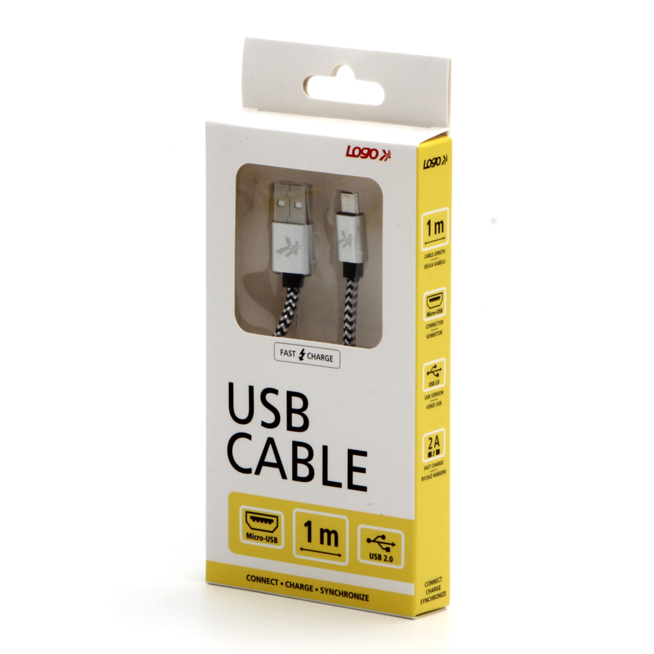 Kábel USB kábel USB kábel (2.0), USB AM - USB Micro BM, 1M, 480 MB/S, 5V/2A, Silver, Logo, Box, Nylon Braid, kryt hliníka konektora