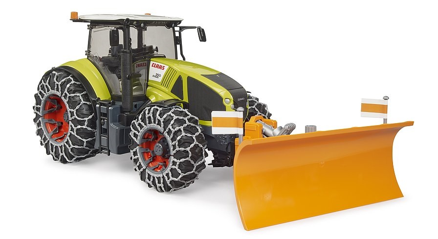 Bruder Claas Axion 950 se sněhovými řetězy a radlicí pluhu, model vozidla