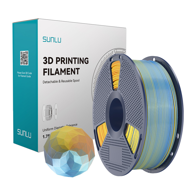 Filament Sunlu PLA+ Silk ve čtyřech barvách (modrá–fialová–oranžová–žlutá)