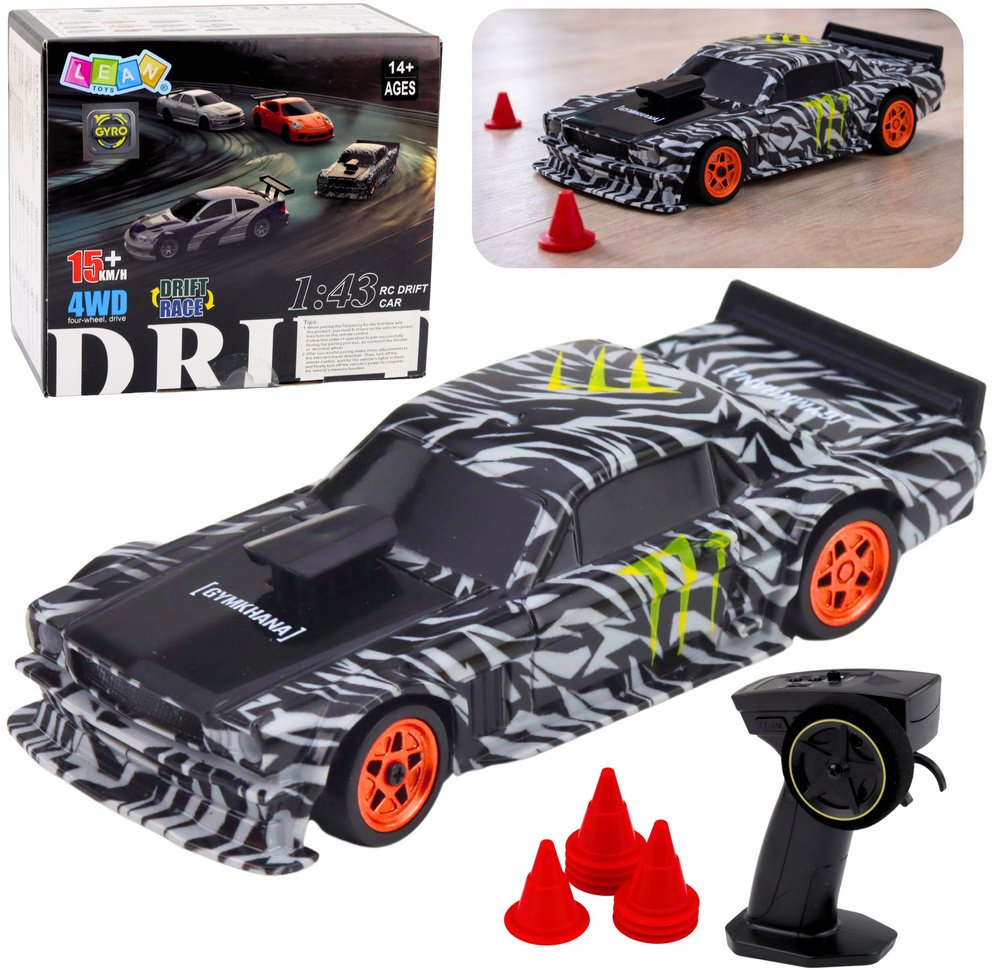 LeanToys Dálkově ovládané driftovací sportovní auto RC černé kužely 15 km/h 1:43