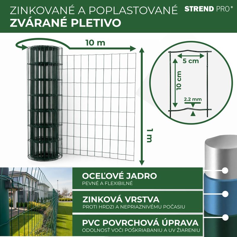 Pletivo EUROPLAST 1, 1000/100x50/2,20 mm, zelené, RAL 6005, Zn+PVC, ohradové, bal. 10 m