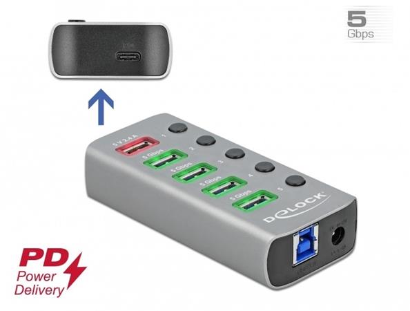 USB 3.2 Gen 1 Hub mit 4 Ports + 1 Schnellladeport + 1 USB-C PD 3.0 Port, USB-Hub