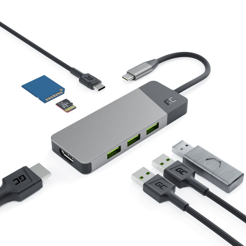 GREEN CELL HUB USB-C ADAPTER GC CONNECT 7W1 (3XUSB 3.1 HDMI 4K 60HZ USB-C PD 85W MICROSD/SD)