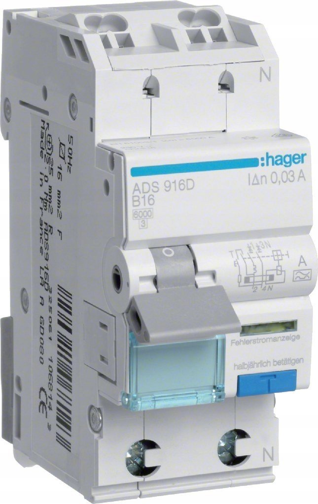 Hager Proudový chránič RCBO s nadproudovou ochranou 1P+N 6kA B 16A/30mA Typ A QC (ADS916D)