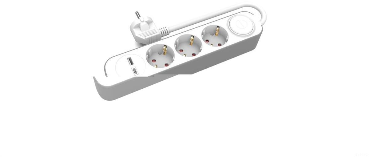 Plastrol 3x pevný prodlužovací kabel s vypínačem a USB A/C zásuvkami 3m schuko PS-370SWS+USBA+USBC/3 E W-30007