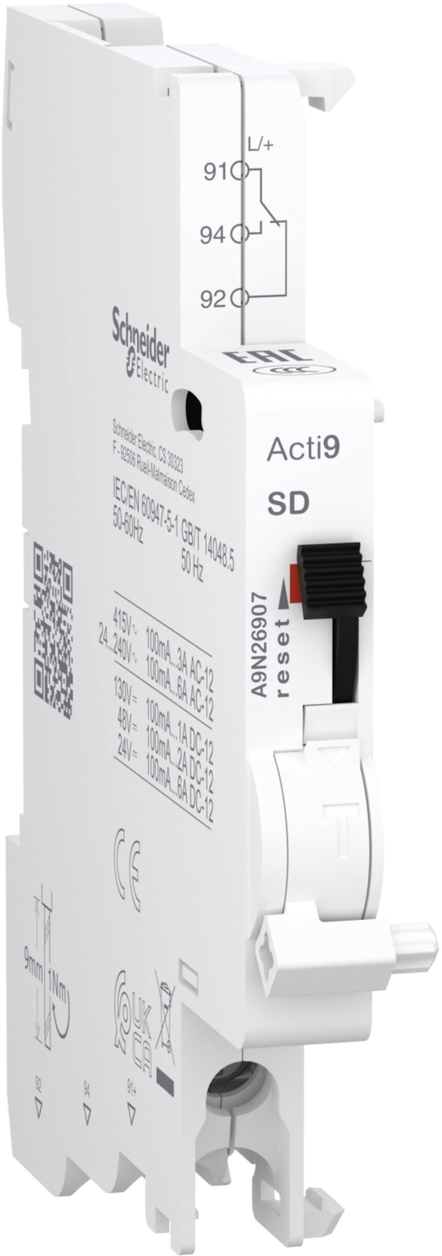 Schneider Kontakt Acti9 SD (elektrická signalizace vypnutí), 1 přepínací kontakt (1 CO), spodní svorky A9N26907
