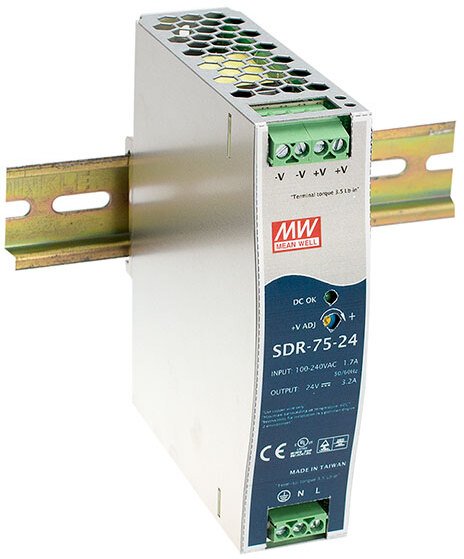 Meanwell Spínaný napájecí zdroj AC/DC na DIN lištu 75W 88-264VAC Uwy 24VDC 3,2A SDR-75-24, 1-1W3GEB