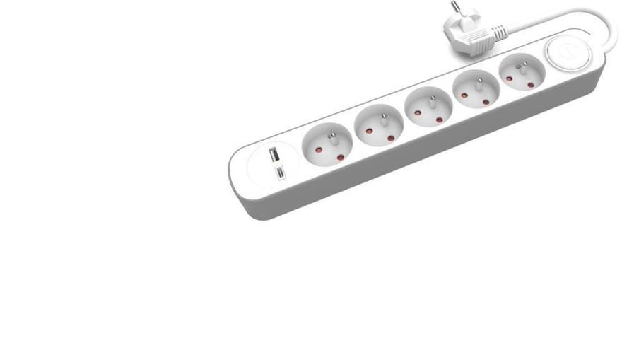 Plastrol 5x pevný prodlužovací kabel s vypínačem a USB A/C zásuvkami 5m PS-570WS+USBA+USBC/5 E W-30005