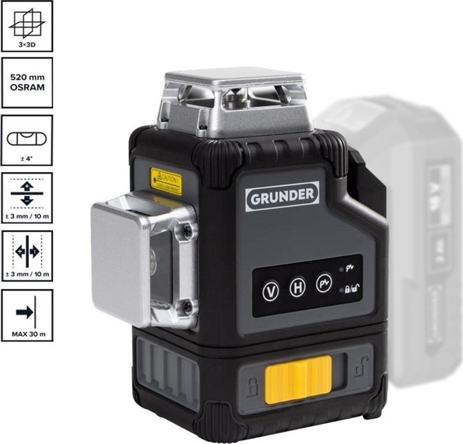 Laserová vodováha GRUNDER LY360G, 3X3D, 18 V, zelená
