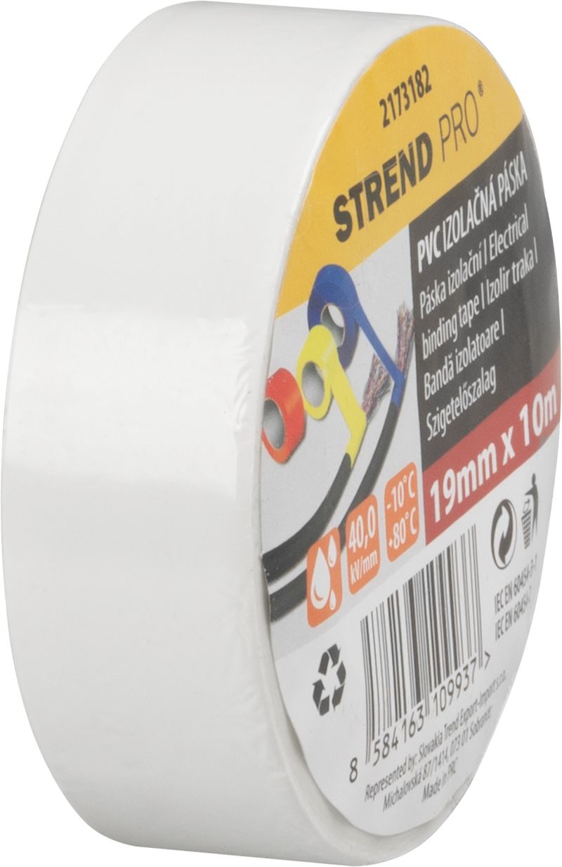 Páska Strend Pro, 19 mm, L-10 m, max. 80°C, 40,0 kV/mm, biela, izolačná, lepiaca, PVC, bal. 10 ks