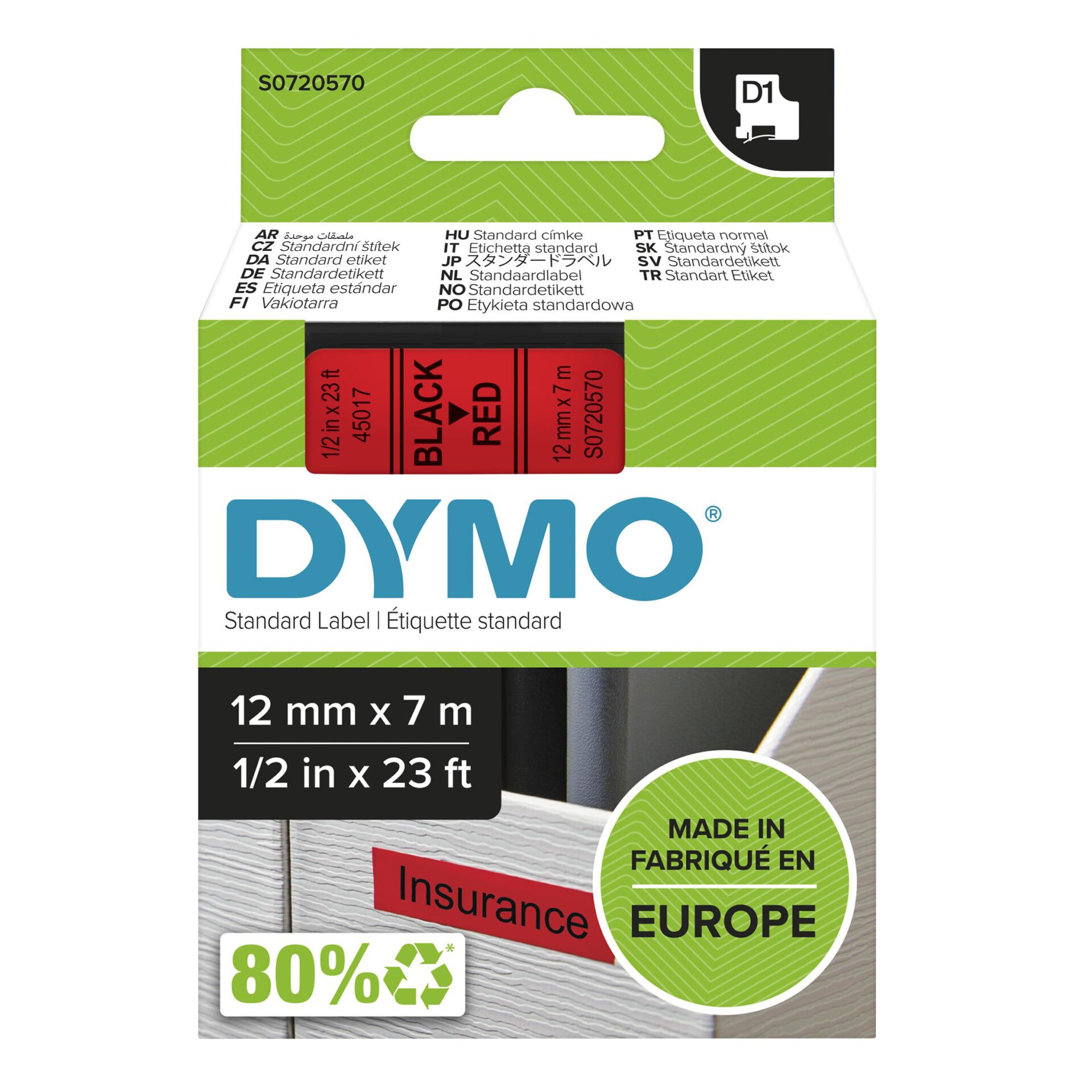 Dymo D1 12mm Black/Red  labels 45017