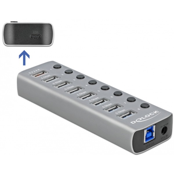 Delock USB 3.2 Gen 1 Hub mit 7 Ports + 1 Schnellladeport + 1 USB-C PD 3.0 Port, USB-Hub 63264