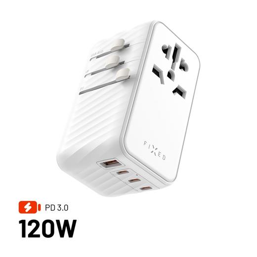 Adaptér FIXED Cestovní Voyager 120W pro EU, UK a USA/AUS, s 3xUSB-C a 1xUSB výstupem, GaN, PD 120W, bílý