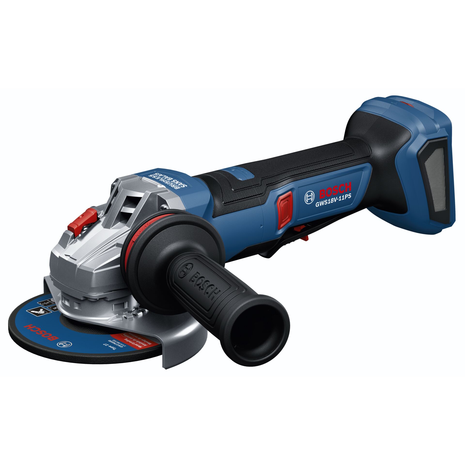 Bosch Powertools Akumulátorová úhlová bruska GWS 18V-11PS Professional (bez nářadí), 18 V (modro-černá, bez baterie a nabíječky, přídavná rukojeť, v L-BOXX)