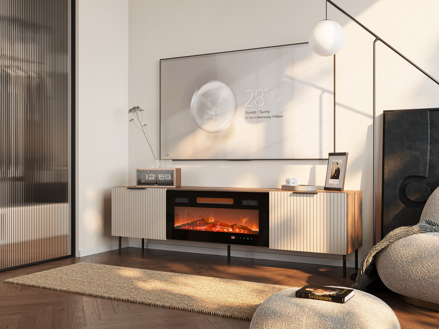 Skříňka na televizi ALMERA 180,5x42x52,5 ořech/kašmír + krb černý