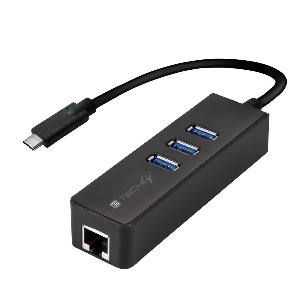 TECHLY 105810 Techly USB-C 3.1 to Gigabit Ethernet RJ45 network adapter w/ 3 port USB 3.0 hub