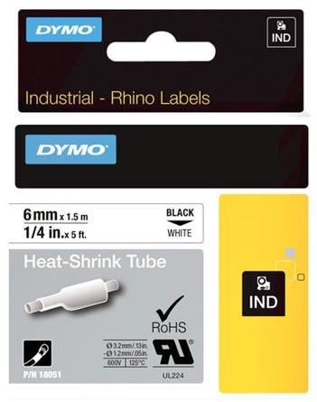 Dymo Rhino IND ORIGINAL teplom zmrštiteľná bužírka 6mm x 1,5m, čierna na biele, etiketa zmršťovacia bužírka